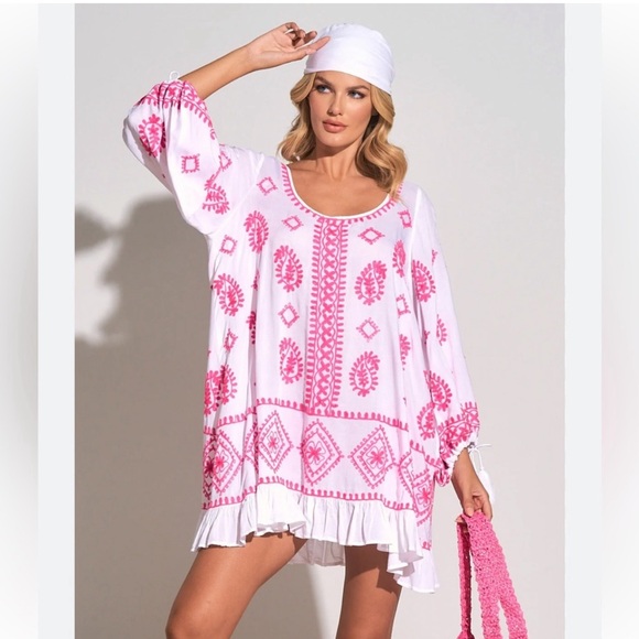 Nwt Elan Womens White Pink Allover Embroidered Scoop Neck Ruffle Mini Dress Sz M - Picture 1 of 6